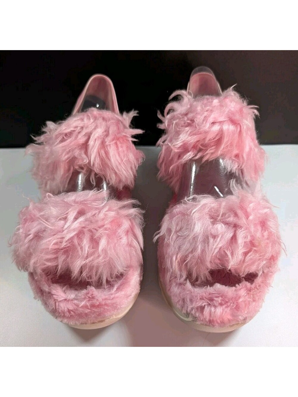 UGG Womens 9 Pink Fluff Sugar Sandal Fuzzy Faux Fur Platform Slingback Slides